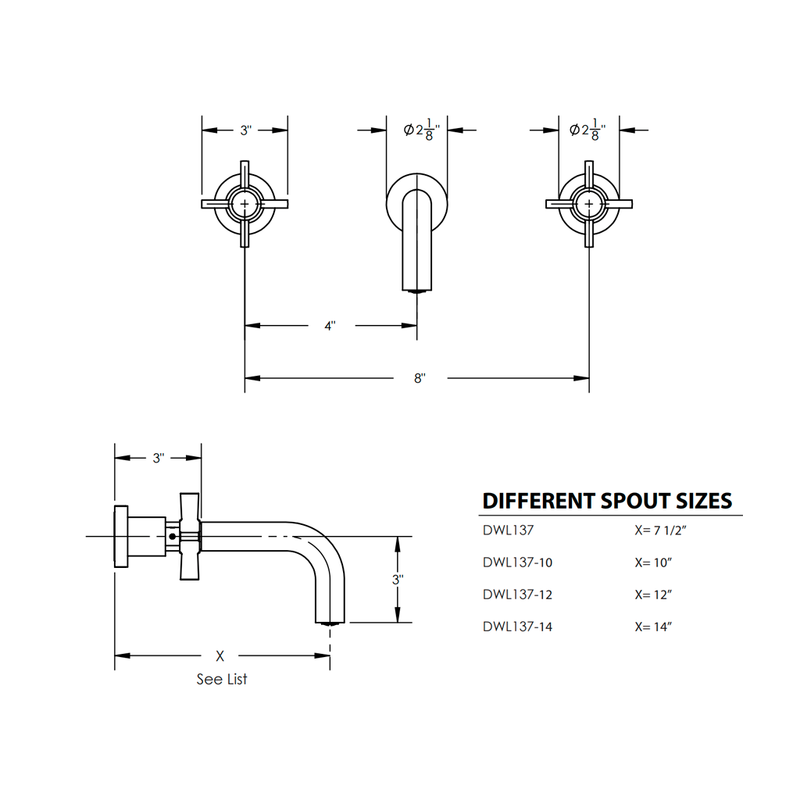 Basic Complete Tub Faucet  with Blade Cross Handles - Widespread-Wall Mount - 8" Brass/Polished Chrome