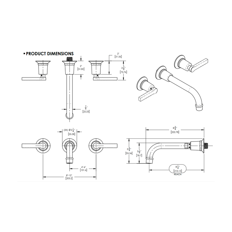 Hex Modern Complete Bathroom Faucet - Widespread-Wall Mount - 8" Brass/Matt Black
