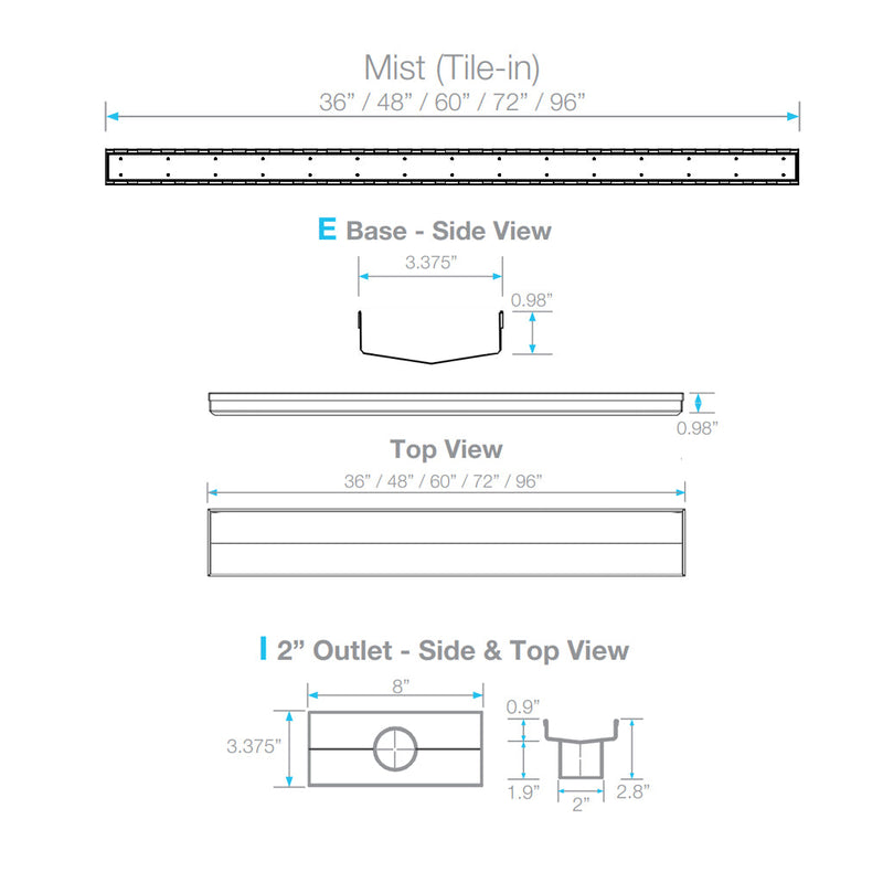 Mist (Tile-In) Adjustable Kit Lagos Linear Shower Drain (2" Outlet) - Floor Mount - 48" Stainless Steel/Satin