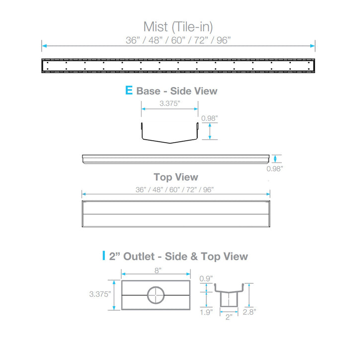 Mist (Tile-In) Adjustable Kit Lagos Linear Shower Drain (2" Outlet) - Floor Mount - 48" Stainless Steel/Satin