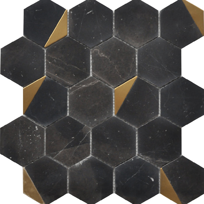 Rockart Nero Marquina Hexagon Mosaic Wall Tile - Wall Or Floor Mount - 12 x 13" Stainless Steel/Polished Steel/ $ 25.00 Price Per Piece