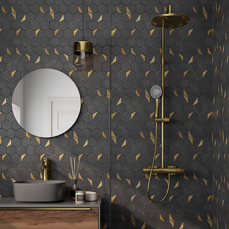 Rockart Nero Marquina Hexagon Mosaic Wall Tile - Wall Or Floor Mount - 12 x 13" Stainless Steel/Polished Steel/ $ 25.00 Price Per Piece