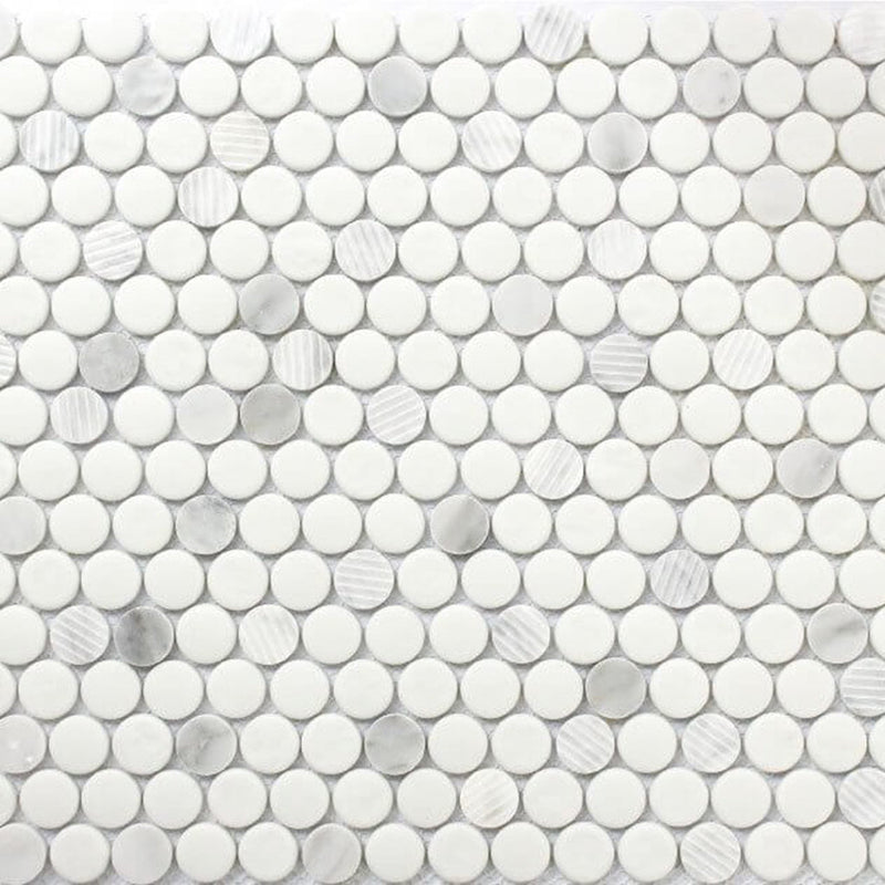Rockart Carrara Penny Round Mosaic Wall Tile - Wall Or Floor Mount - 12 x 12" Carrara Marble/Polished Steel/ $ 19.00 Price Per Piece