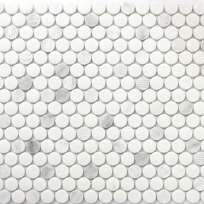 Rockart Carrara Penny Round Mosaic Wall Tile - Wall Or Floor Mount - 12 x 12" Carrara Marble/Polished Steel/ $ 19.00 Price Per Piece