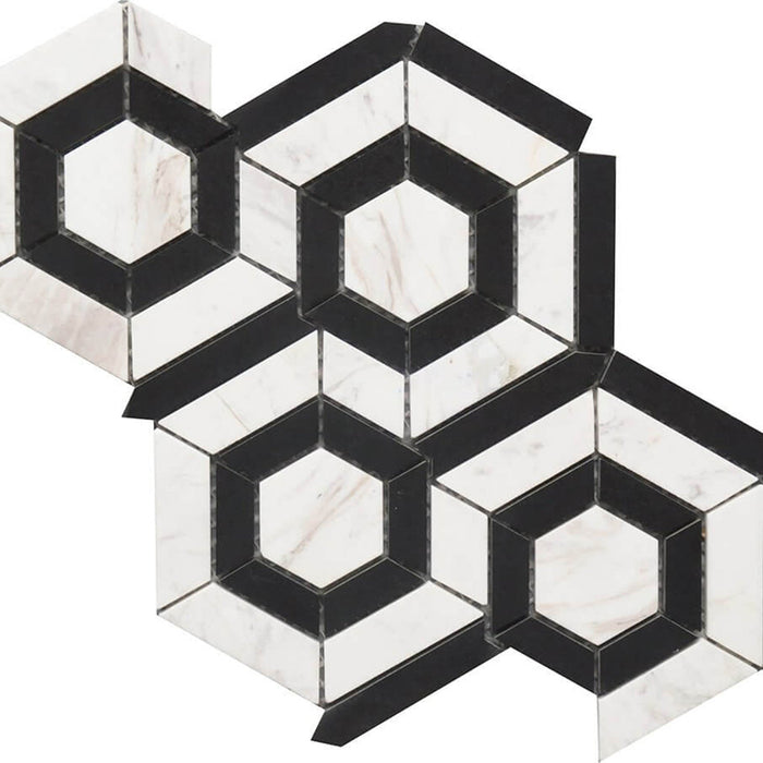 Rockart Black & White Hexagon Mosaic Wall Tile - Wall Or Floor Mount - 9 x 12" Porcelain/Polished Steel/ $ 19.00 Price Per Piece