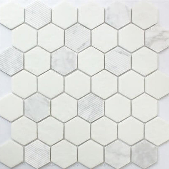 Rockart Carrara Hexagon Mosaic Wall Tile - Wall Or Floor Mount - 12 x 12" Carrara Marble/Polished Steel/ $ 19.00 Price Per Piece