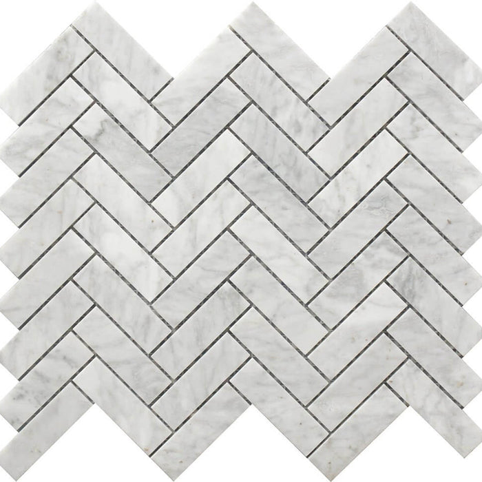 Rockart Herringbone Mosaic Wall Tile - Wall Or Floor Mount - 12 x 12" Carrara Marble/Polished Steel/ $ 14.00 Price Per Piece