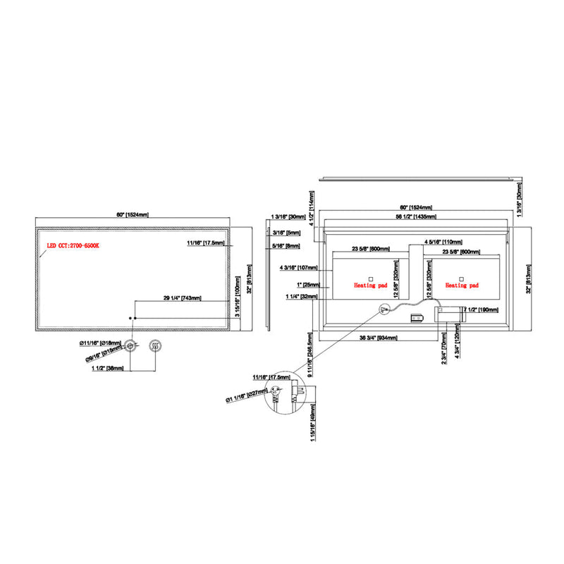 Lumini Anti-Fog Frameless Led Touch Vanity Mirror - Wall Mount - 60 x 32" Glass/Glass