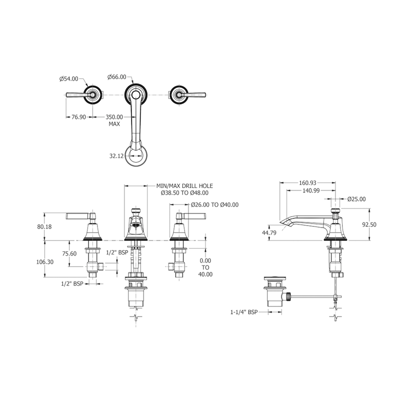 Exposed Bathroom Faucet - Widespread - 8" Brass/Polished Chrome/Black