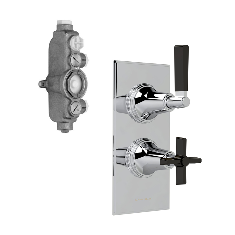 Exposed 2 Way Divertor Thermostatic Cross-Lever Shower Mixer - Wall Mount - 9" Brass/Polished Chrome