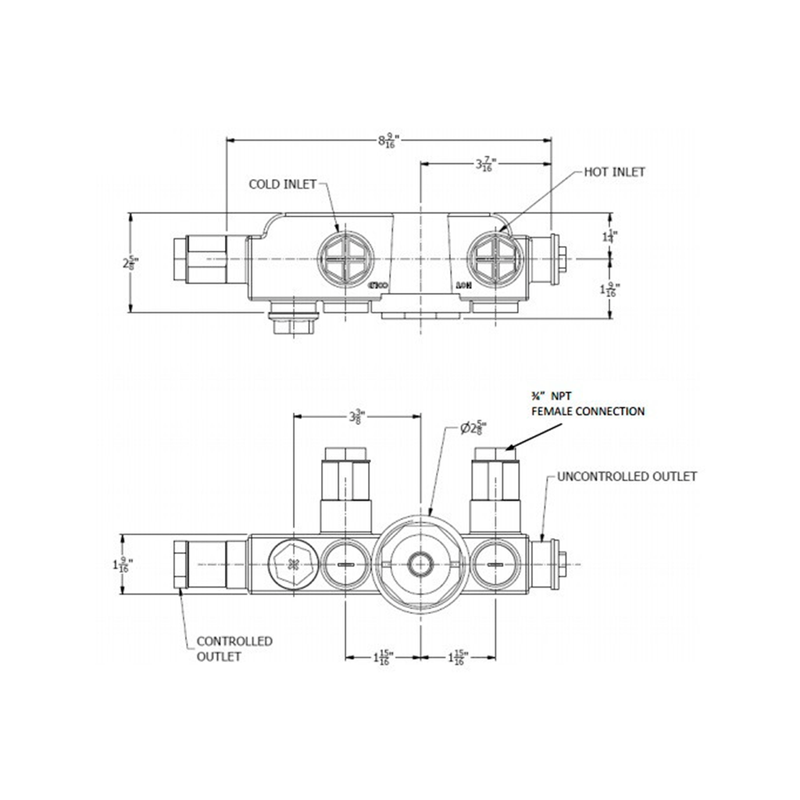 Exposed 2 Way Divertor Thermostatic Cross-Lever Shower Mixer - Wall Mount - 9" Brass/Polished Chrome