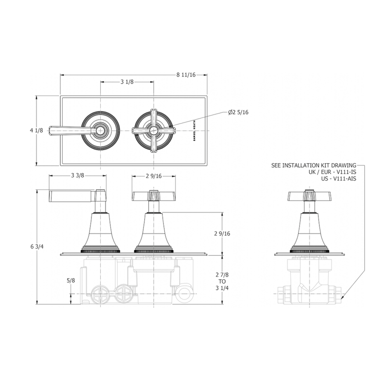 Exposed 2 Way Divertor Thermostatic Cross-Lever Shower Mixer - Wall Mount - 9" Brass/Polished Chrome