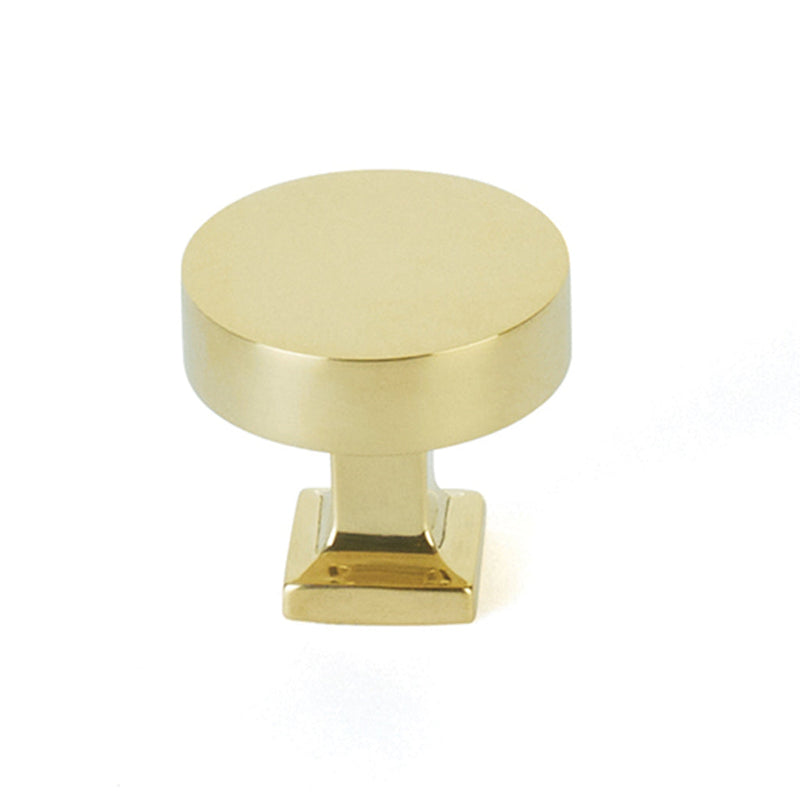 Haniburton Square Base Round Cabinet Knob - Cabinet Mount - 2" Brass/Unlacquered Brass