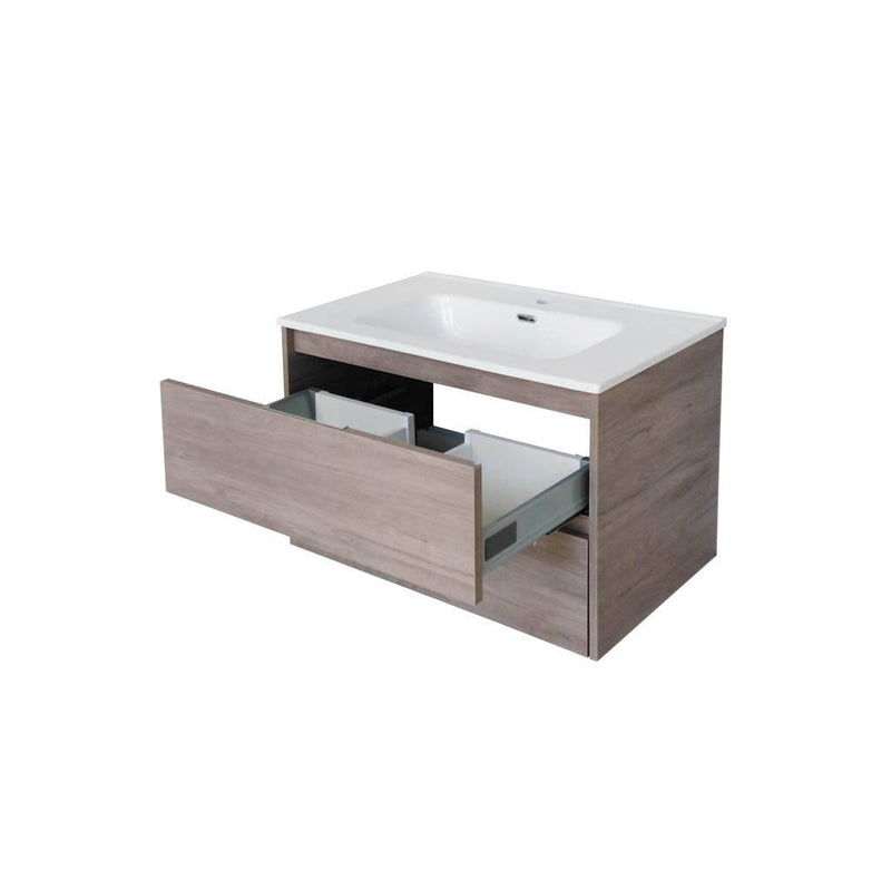 Miami 2 Dr. Porcelain Vanity - Wall Mount - 36" Porcelain/Brown Wash