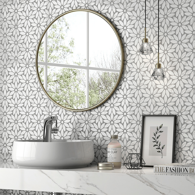 Rockart Daisy Flower Mosaic Wall Tile - Wall Or Floor Mount - 10 x 12" Natural Stone/White